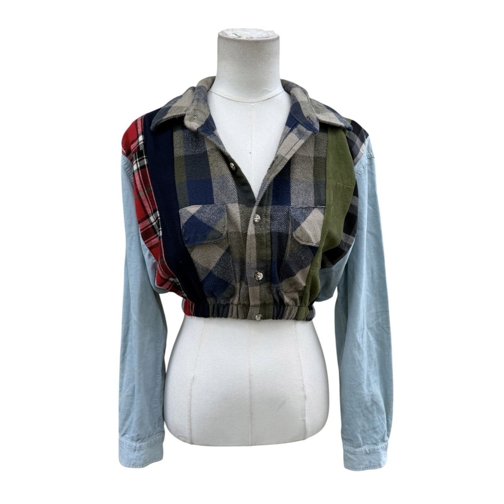 Upcycled Patchwork Flannel Crop Shirt Women S Handmade Plaid Corduroy OOAK